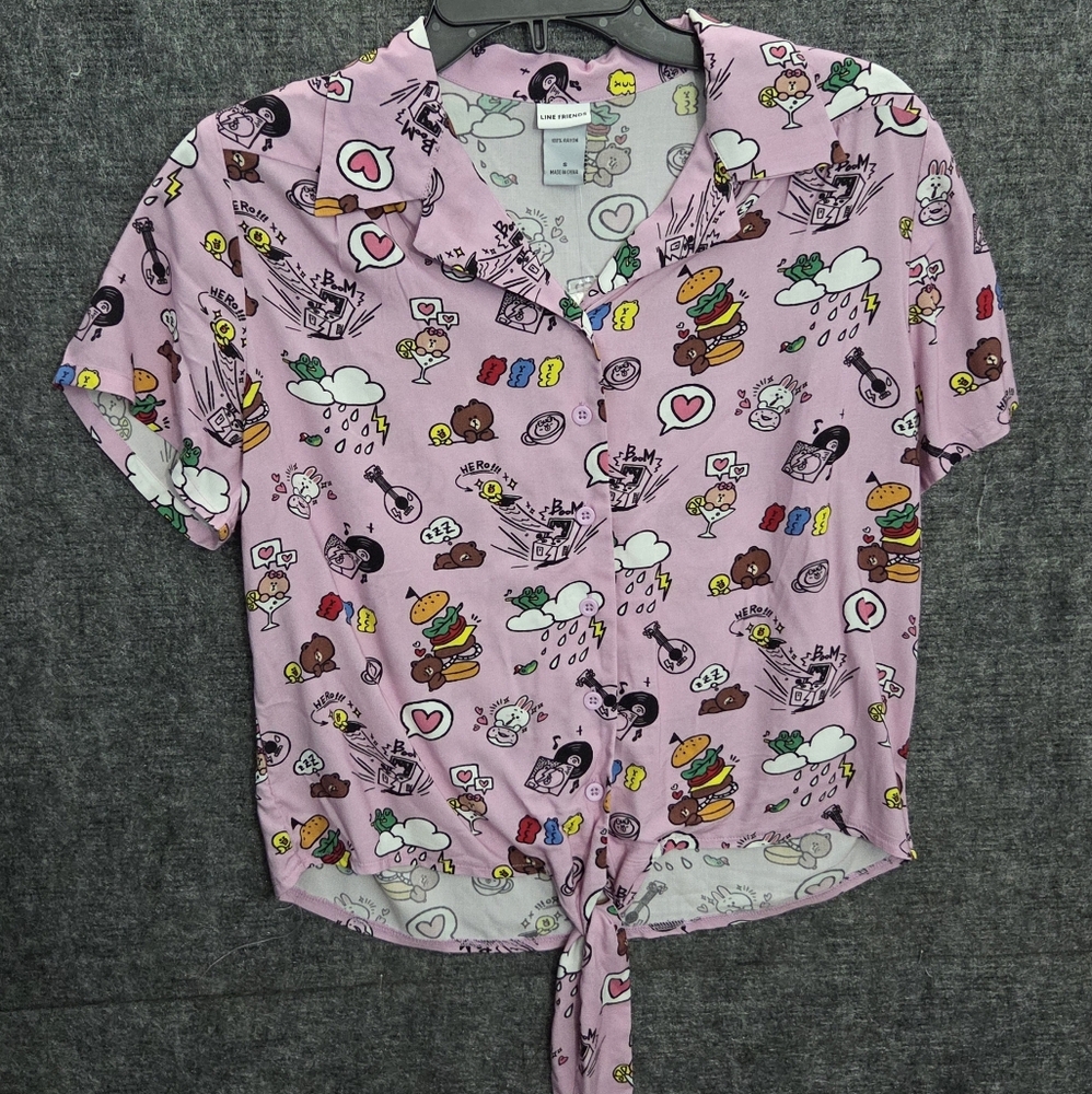 Pink Line Friends AOP Women's Tie-Front Button Up Blouse BoxLunch Exclusive